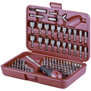 Universal DS- Bit Set Bit Set (113 pieces), Contains:  (1) Magnet bit screw driver; 4 adapters  (3) Clutch bits 1/2/3  (3) TORQ Bits 6/8/10  (3) Spline bits M5/M6/M8  (4) TRI WING bits 1/2/3/4  (4) Square recess bits S0/S1/S2/S3  (4) Spanner bits 4/6/8/10  (9) Slotted bits 3/4/4,5/5/5,5/6/6,5/7/8 mm  (5) Philips bits PH00/PH0/PH1/PH2/PH3  (5) POZI-DRIVE bits Z00/Z0/Z1/Z2/Z3  (9) Hexagonal bits 1,5/2/2,5/3/4/5/5,5/6/8 mm  (10) Hexagonal bits 1/16, 5/64, 3/32, 7/64, 1/8, 9/64, 5/32, 3/16, 7/32, 1/4  (6) Metric hexagonal bits tamper proof 2/2,5/3/4/5/6  (13) TORX bits T5/T6/T7/T8/T9/T10/T15/T20/T25/T27/T30/T40/T45  (13) TORX bits Safety T5/T6/T7/T8/T9/T10/T15/T20/T25/T27/T30/T40/T45  (10) Sockets 1/4'' 4 / 5 / 6 / 7 / 8 / 9 / 10 / 11 / 12 / 13  (10) Sockets 1/4'' 5/32 - 2''