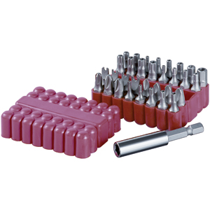 Universal DS- Bit Set Bit Set (33 pieces), Can be used with part: 51660 Screwdriver-Compact grip electric rechargeable USB, Contains:  (12) Hexagon Bits (2, 2.5, 3, 4, 5, 6, 1/8, 3/32, 5/32, 5/64, 7/64, 9/64)  (4) Tri-Wing Bits (1-2-3-4)  (3) Philips bits (6-8-10)  (4) special bits (4-6-8-10)  (9) Torx bits with inner hole (T8, T10, T15, T20, T25, T27, T30, T35, T40)  (1) 6,35 mm magnetic bit holder