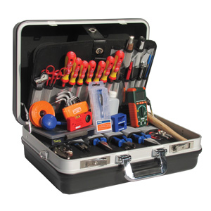 Universal Tool Kit Made in Europe, Contains:   (1) 31 pc miniature bitset  (1) Screwdriver VDE 5770 0.4 x 2.5 x 75mm  (1) Screwdriver VDE 5770 0.5 x 3 x 100mm  (1) Screwdriver VDE 5770 0.8 x 4 x 100mm  (1) Screwdriver VDE 5770 1.2 x 5.5 x 125mm  (1) Screwdriver VDE 5786 PH-0 x 60mm  (1) Screwdriver VDE 5786 PH-1 x 80mm  (1) Screwdriver VDE 5786 PH-2 x 100mm  (1) Longs Bit screwdriver including bits  (1) Sidecutter 130mm Ergo Grip  (1) Long nose plier 160mm Ergo Grip  (1) Combination Plier 180mm Ergo Grip  (1) Circlip plier  external rings 140mm  (1) Longs circlip plier interchangeable tips  (1) Combination Spannerset 8 pcs  (1) Pipe Wrench 117mm  (1) Adjustable Wrench 6?  (1) Ball Pein hammer 225gr   (1) Longs Mini level  (1) Longs Ribbed toolcase  (1) Brush flat 1?  (1) Magnetizer/Demagnetizer  (1) Steel ruler 300mm Metr/Inch  (1) Squeeze bottle 125ml  (1) Captive springhook 150mm  (1) Longs springhook push/pull  (1) Longs mirror with telescopic magnet  (1) Blowerbrush  (1) Feeler gauge 20 pcs  (1) Vinyl Insulation tape black 25mtr  (1) LED Flashlight. Batteries not included.  (1) Plier Vise Grip 170mm   (1) Wire stripper Plier  (1) Insulated needle nose plier straight  (1) Magnetic nutspinner 5.5mm  (1) Bahco Hex key set 9pcs 1.5 ? 10mm  (1) Cable Knife  (1) Clip tool 170-4mm  (1) Extech MN16A pocket digital multimeter Autoranging. Batteries not included.  (1) Longs Multitest screwdriver T-10  (1) Longs Tweezer insulated curved  (1) Longs Tweezer straight 150mm  (1) Magnetic nutspinner 10.0mm  (1) Magnetic nutspinner 7.0mm  (1) Needle nose plier curved  (1) Raaco  Compartment box